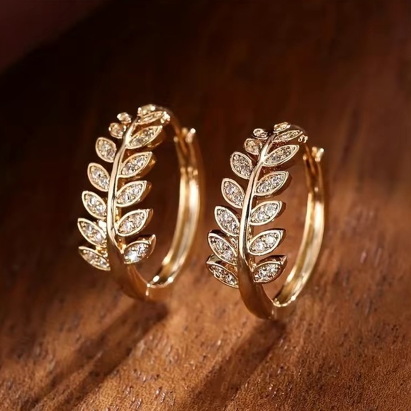 Cubic Zirconia Gold Plated Leaf Hoops - Picture 2 of 5